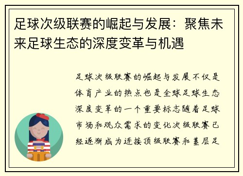 足球次级联赛的崛起与发展：聚焦未来足球生态的深度变革与机遇