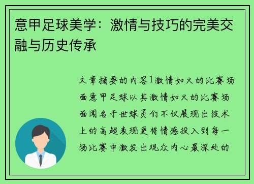 意甲足球美学：激情与技巧的完美交融与历史传承