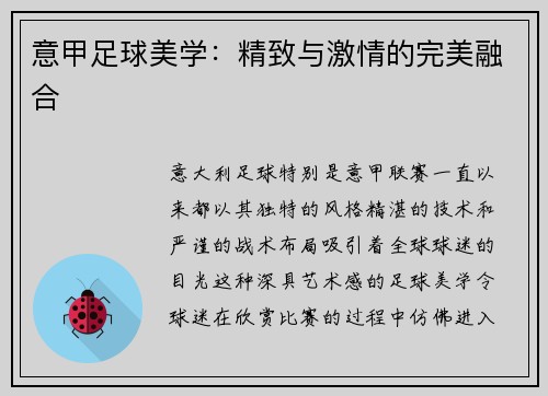 意甲足球美学：精致与激情的完美融合