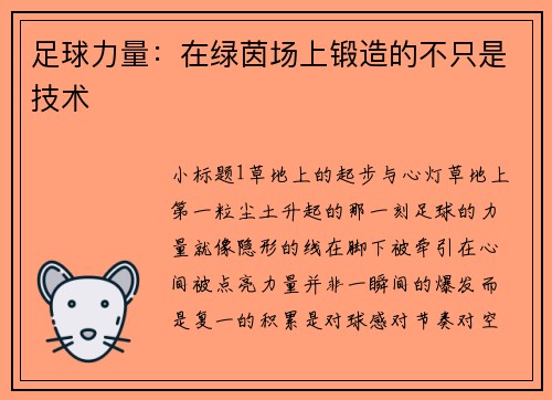 足球力量：在绿茵场上锻造的不只是技术